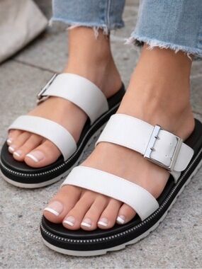 Sorel White Double-Strap Buckle Slide Sandals